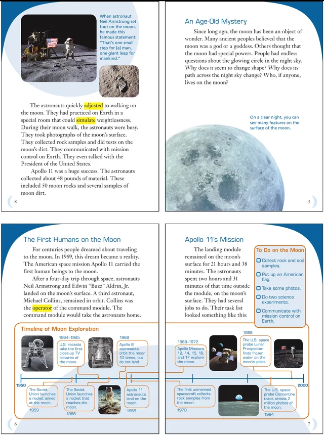 Four pages from a children's reader about the first moon landing, including a timeline of moon exploration.