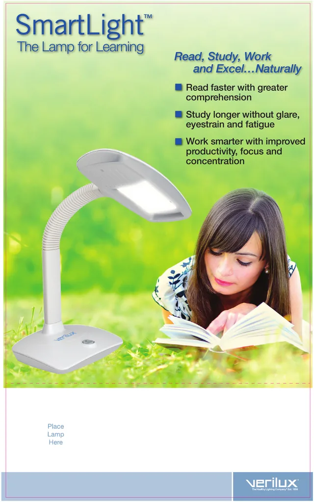 SmartLight counter display: a white desk lamp over a young woman reading on the grass, with the line Read, Study, Work and Excel Naturally.