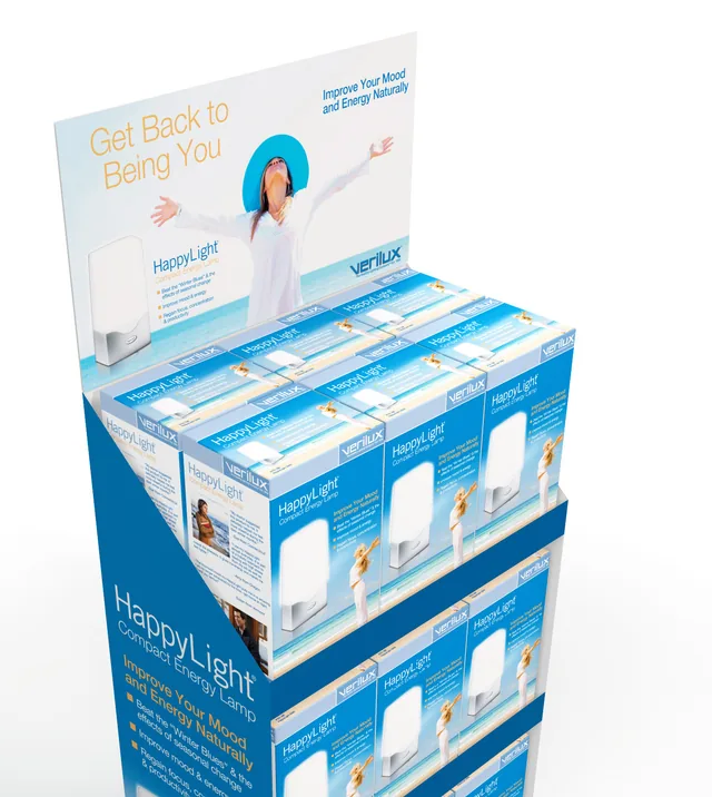 3D render of a HappyLight pallet display with the headline Get Back to Being You.