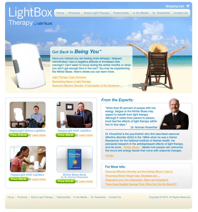 Home page design for LightBox Therapy by Verilux, with a beach hero image, product grid and an expert quote.